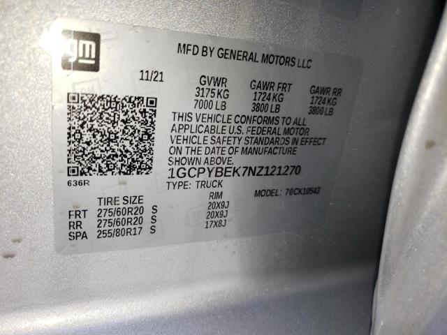 1GCPYBEK7NZ121270 - 2022 CHEVROLET SILVERADO K1500 CUSTOM SILVER photo 12