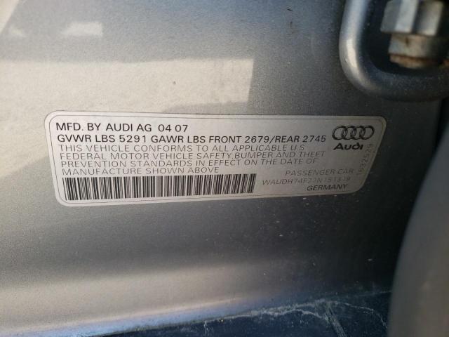 WAUDH74F27N151319 - 2007 AUDI A6 3.2 QUATTRO GRAY photo 10