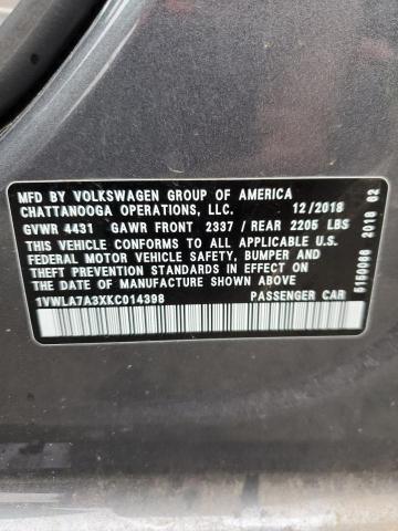 1VWLA7A3XKC014398 - 2019 VOLKSWAGEN PASSAT WOLFSBURG GRAY photo 12