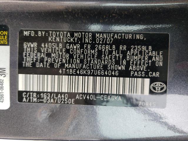 4T1BE46K97U664046 - 2007 TOYOTA CAMRY CE GRAY photo 12