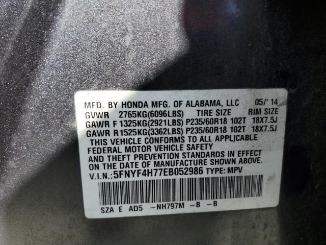 5FNYF4H77EB052986 - 2014 HONDA PILOT EXLN GRAY photo 13