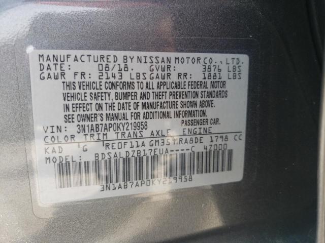 3N1AB7AP0KY219958 - 2019 NISSAN SENTRA S GRAY photo 12