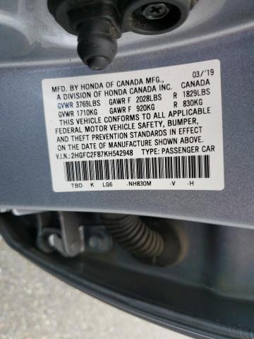 2HGFC2F87KH542948 - 2019 HONDA CIVIC SPORT 银色 照片 12