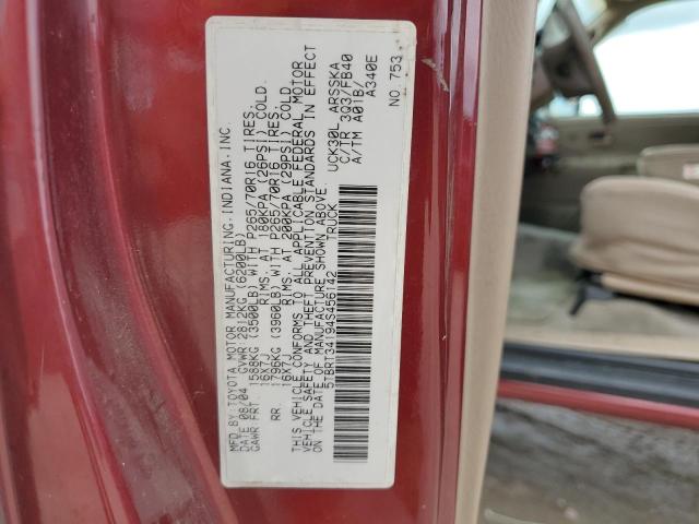 5TBRT34194S456142 - 2004 TOYOTA TUNDRA ACCESS CAB SR5 RED photo 12