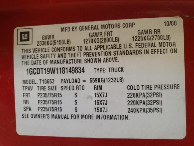 1GCDT19W118149834 - 2001 CHEVROLET S10 S10 RED photo 10