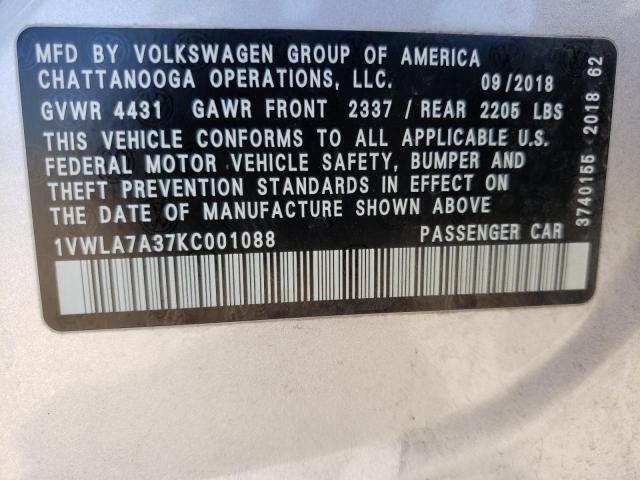 1VWLA7A37KC001088 - 2019 VOLKSWAGEN PASSAT WOLFSBURG SILVER photo 13