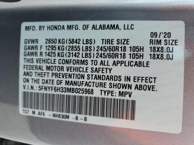 5FNYF6H33MB025968 - 2021 HONDA PILOT EX SILVER photo 13