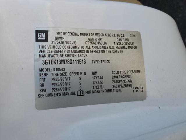 3GTEK13M78G111513 - 2008 GMC SIERRA K1500 WHITE photo 13