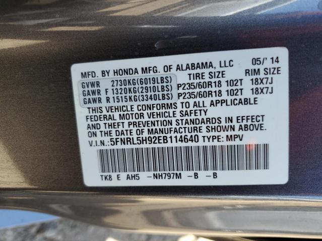 5FNRL5H92EB114640 - 2014 HONDA ODYSSEY TOURING GRAY photo 13