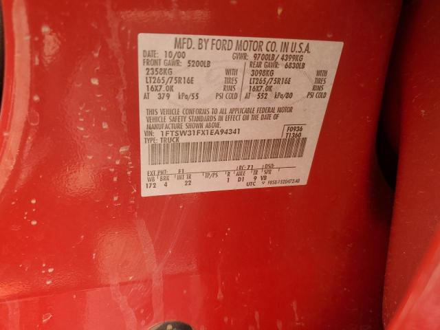 1FTSW31FX1EA94341 - 2001 FORD F350 SRW SUPER DUTY RED photo 12