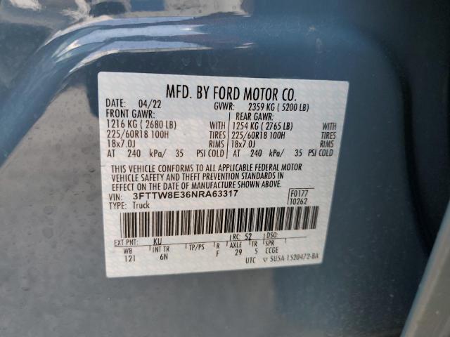 3FTTW8E36NRA63317 - 2022 FORD MAVERICK XL BLUE photo 12