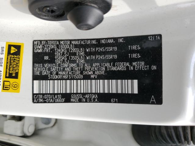 5TDDKRFH6FS115009 - 2015 TOYOTA HIGHLANDER LIMITED WHITE photo 14