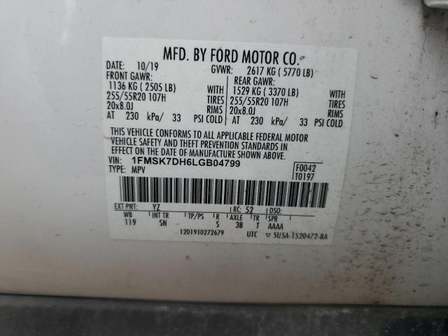 1FMSK7DH6LGB04799 - 2020 FORD EXPLORER XLT WHITE photo 12