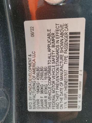 19XFL1H83NE017617 - 2022 HONDA CIVIC SPORT TOURING GRAY photo 12