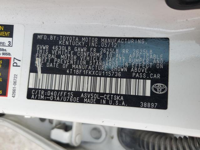 4T1BF1FKXCU115736 - 2012 TOYOTA CAMRY BASE WHITE photo 12