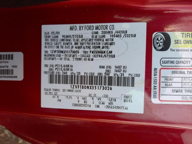 1ZVFT80NX55173026 - 2005 FORD MUSTANG RED photo 10