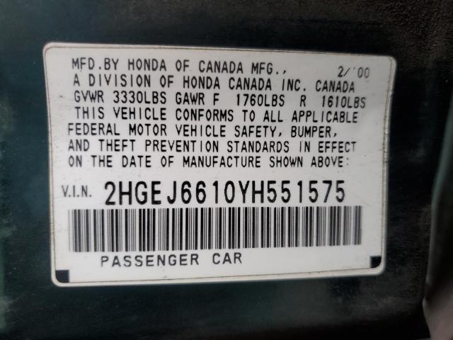 2HGEJ6610YH551575 - 2000 HONDA CIVIC BASE Yaşıl foto 12