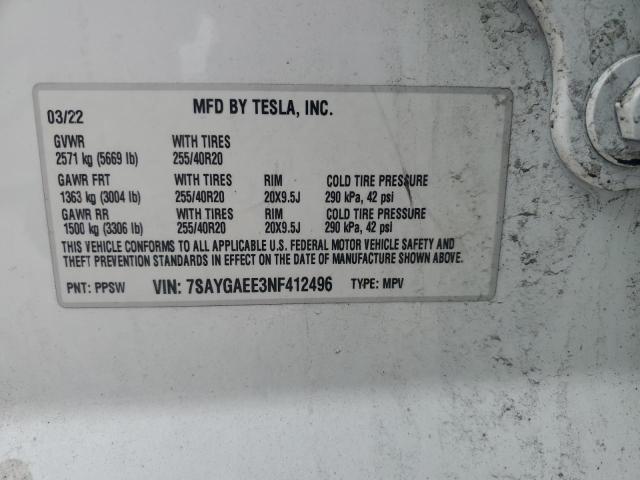 7SAYGAEE3NF412496 - 2022 TESLA MODEL Y თეთრი ფოტო 12