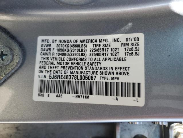 5J6RE48378L005067 - 2008 HONDA CR-V LX SILVER photo 12