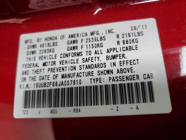 19UUB2F66JA007910 - 2018 ACURA TLX TECH+A Կարմիր լուսանկար 12