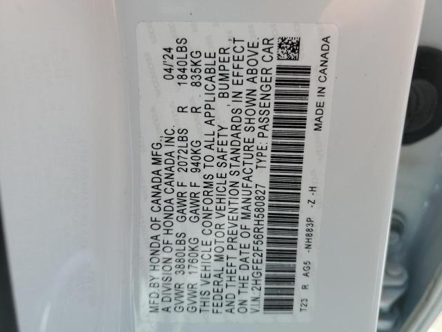 2HGFE2F56RH580827 - 2024 HONDA CIVIC SPORT WHITE photo 12