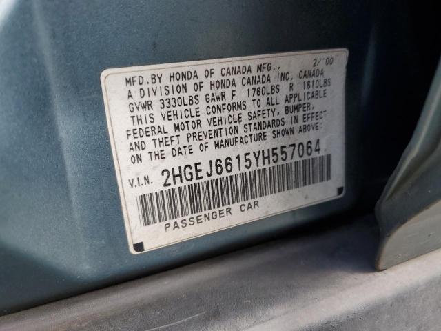 2HGEJ6615YH557064 - 2000 HONDA CIVIC BASE Mavi foto 12