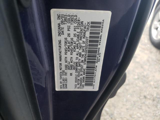 5TBRN34102S223337 - 2002 TOYOTA TUNDRA ACCESS CAB SR5 BLUE photo 12