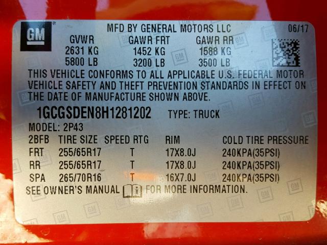 1GCGSDEN8H1281202 - 2017 CHEVROLET COLORADO Z71  photo 10