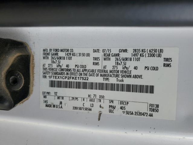 1FTEX1CP2FKE17522 - 2015 FORD F150 SUPER CAB WHITE photo 12