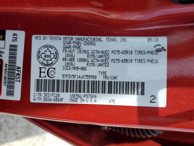 5TFDY5F14JX755958 - 2018 TOYOTA TUNDRA CREWMAX SR5 RED photo 13