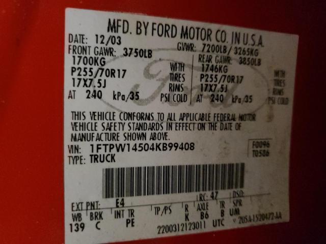 1FTPW14504KB99408 - 2004 FORD F150 SUPERCREW RED photo 12