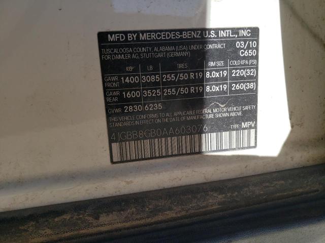 4JGBB8GB0AA603076 - 2010 MERCEDES-BENZ ML 350 4MATIC WHITE photo 13