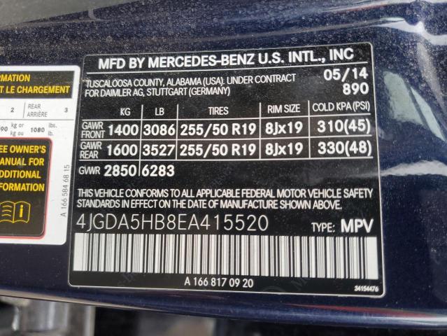 4JGDA5HB8EA415520 - 2014 MERCEDES-BENZ ML 350 4MATIC BLUE photo 13