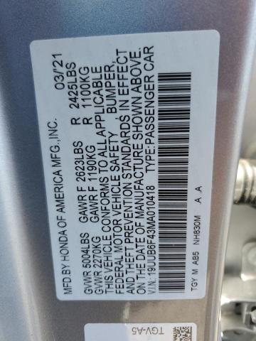 19UUB6F43MA010418 - 2021 ACURA TLX TECHNOLOGY SILVER photo 12