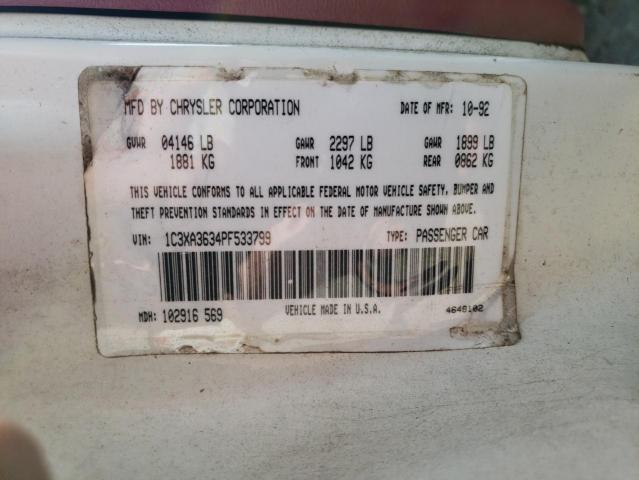 1C3XA3634PF533799 - 1993 CHRYSLER LEBARON LE A-BODY WHITE photo 12