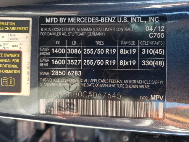 4JGDA5HB0CA067645 - 2012 MERCEDES-BENZ ML 350 4MATIC GRAY photo 13