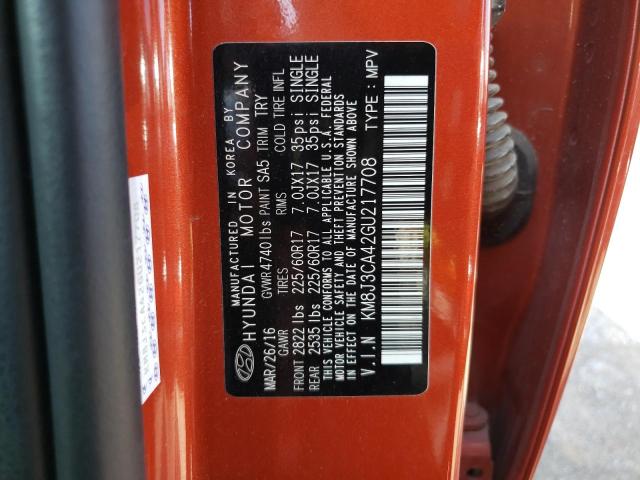 KM8J3CA42GU217708 - 2016 HYUNDAI TUCSON LIMITED ORANGE photo 13