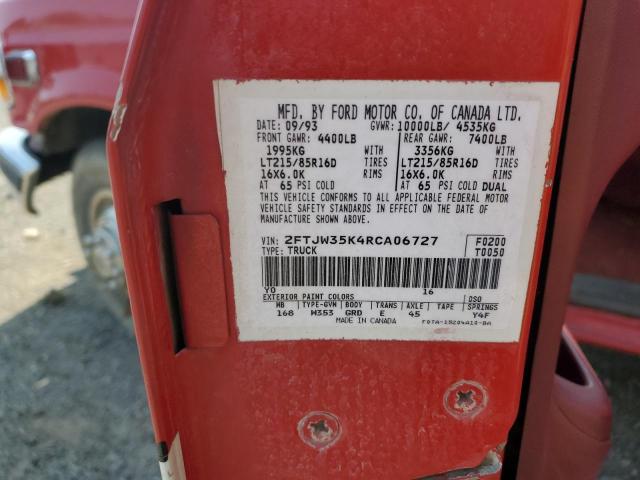 2FTJW35K4RCA06727 - 1994 FORD F350 RED photo 12