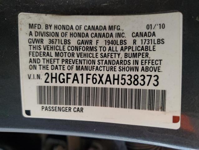 2HGFA1F6XAH538373 - 2010 HONDA CIVIC LX-S GRAY photo 12
