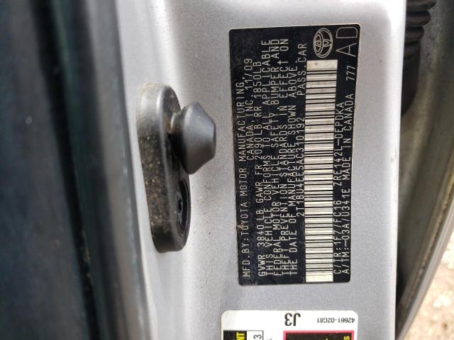 2T1BU4EE5AC310192 - 2010 TOYOTA COROLLA BASE SILVER photo 12