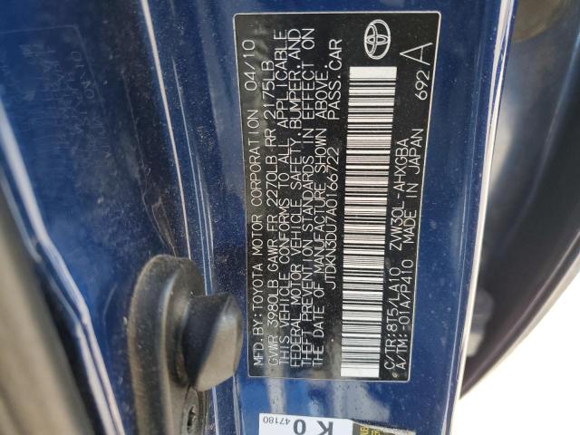 JTDKN3DU7A0166722 - 2010 TOYOTA PRIUS BLUE photo 12