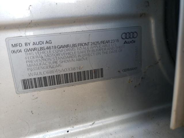 WAULC68E45A033816 - 2005 AUDI A4 1.8T QUATTRO SILVER photo 10