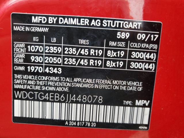 WDCTG4EB6JJ448078 - 2018 MERCEDES-BENZ GLA 250 RED photo 12