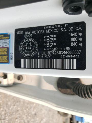 3KPA25AD8ME388637 - 2021 KIA RIO S WHITE photo 12