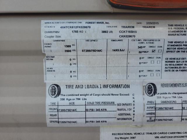 4X4TCK612FK029670 - 2015 FORS TRAILER 双色 照片 8