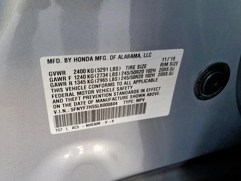 5FNYF7H55LB000804 - 2020 HONDA PASSPORT EXL SILVER photo 13