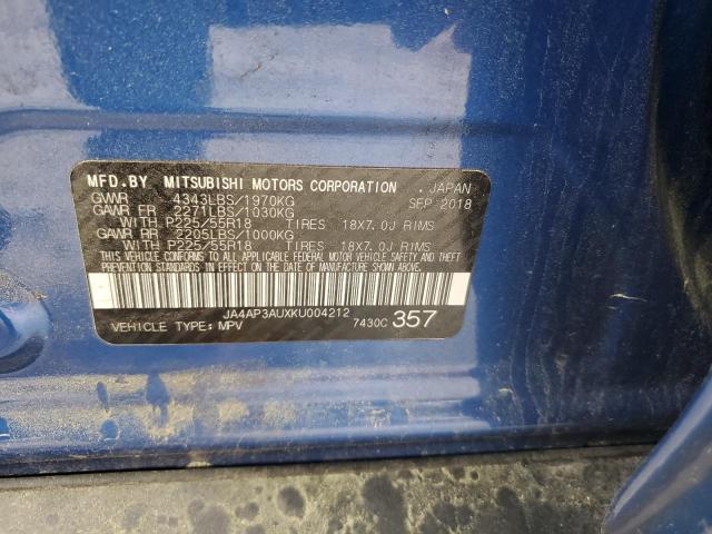 JA4AP3AUXKU004212 - 2019 MITSUBISHI OUTLANDER ES Mavi fotoğraf 12