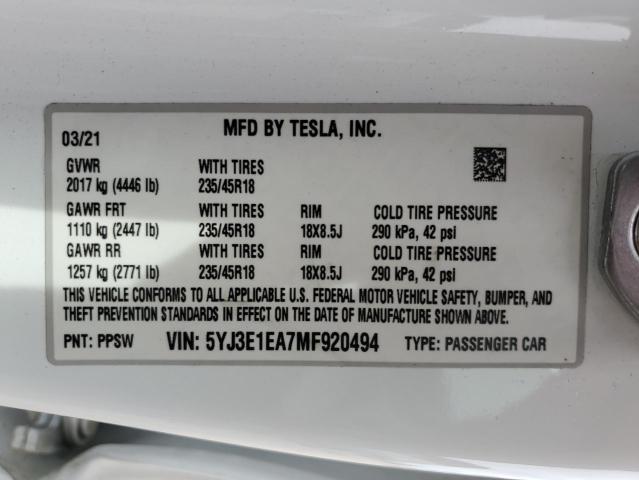 5YJ3E1EA7MF920494 - 2021 TESLA MODEL 3 白色 照片 13