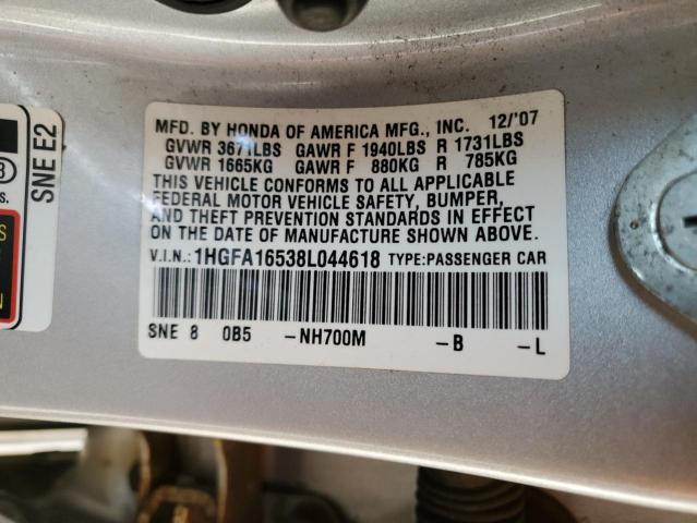 1HGFA16538L044618 - 2008 HONDA CIVIC LX SILVER photo 12