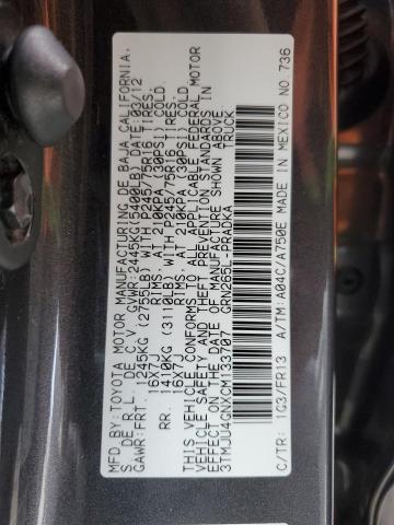 3TMJU4GNXCM133707 - 2012 TOYOTA TACOMA DOUBLE CAB PRERUNNER GRAY photo 12